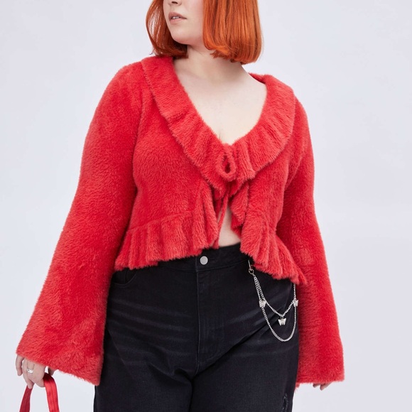 NEW CIDER RED SOLID FLUFFY BELL SLEEVE KNIT CROPPED CARDIGAN - Picture 2 of 7